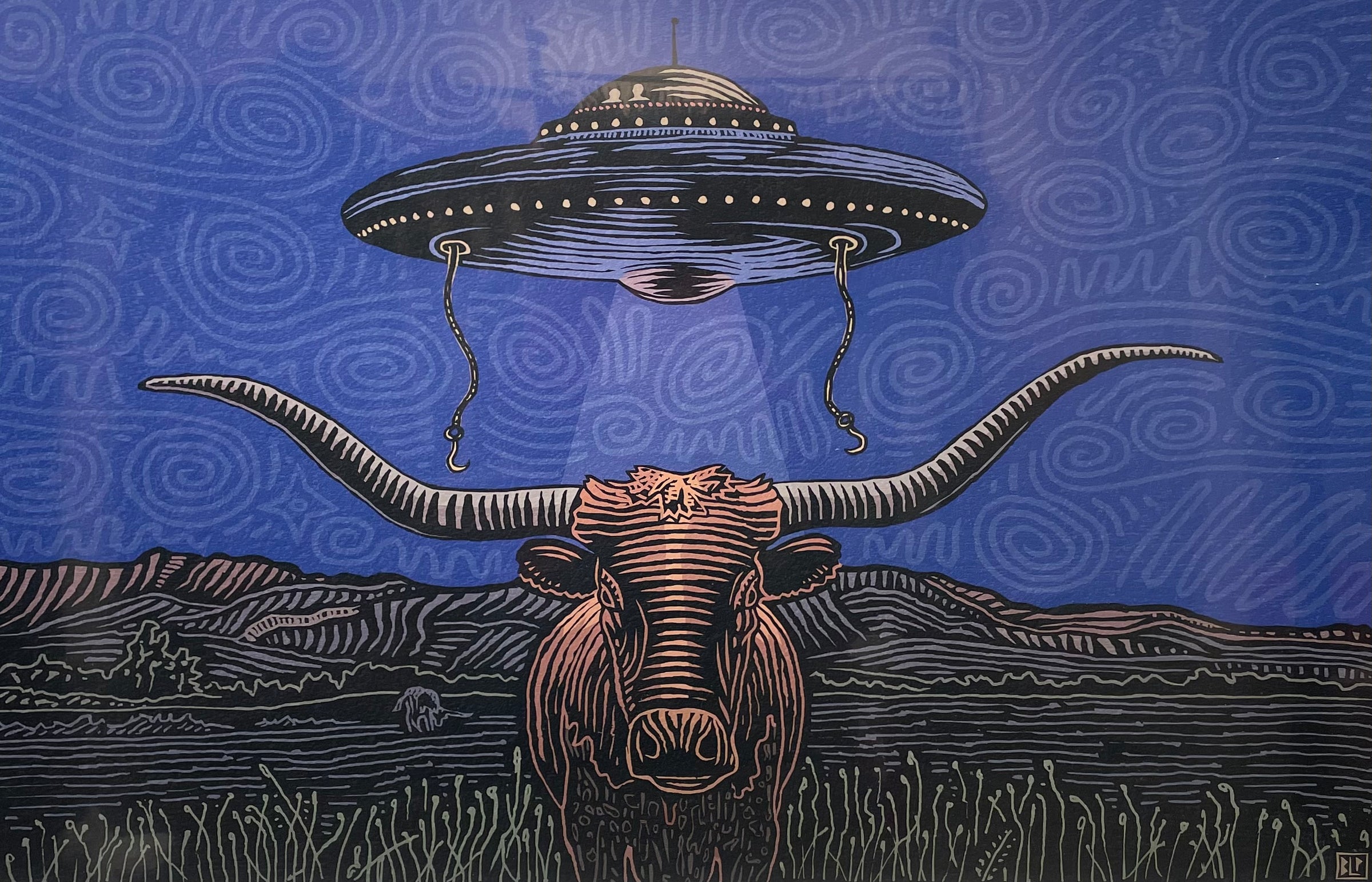 Cow and Alien - Framed Print 40"x60" - Matte Black Metal Frame
